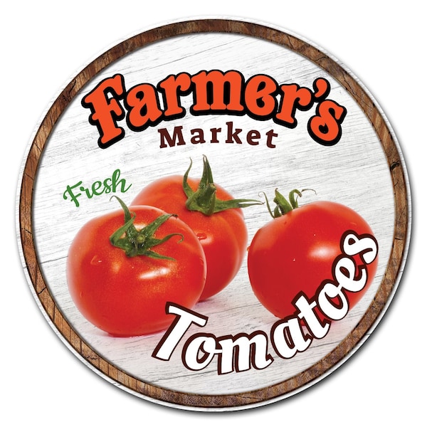 Corrugated Plastic Sign With Stakes 24in Circular-Farmers Market Tomatoes, C-24-CIR-WS-Tomatoes